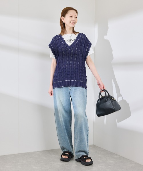 ROPE' PICNIC（ロペピクニック）の「配色ステッチ透かし編みニットベスト（ベスト・レディース・オフホワイト/ベージュ/サックスブルー・38）」の20枚目の写真