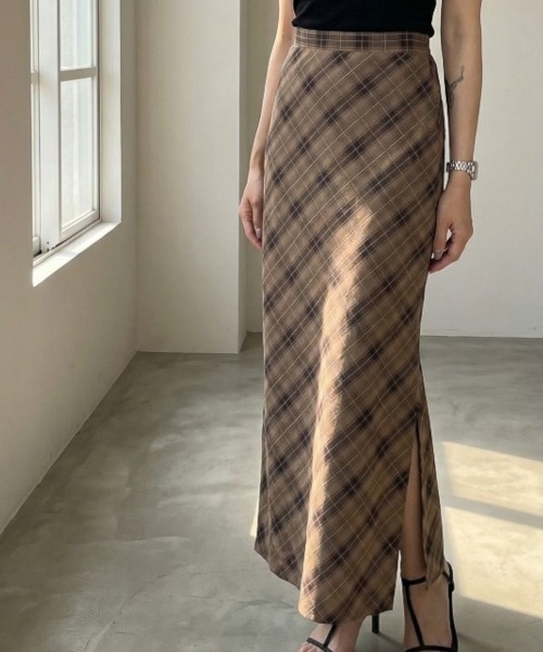 Per sist ence（パーシエンス）の「バイアスチェックストレートスカート（スカート・レディース・ブラウン/レッド/ブラック/ベージュ・ONE SIZE）」の2枚目の写真