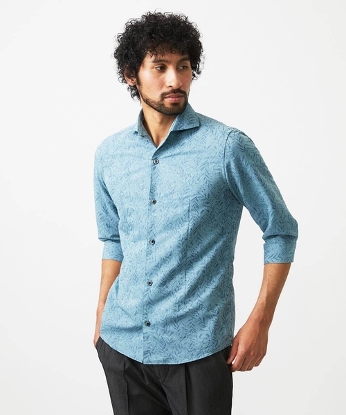 MICHEL KLEIN HOMME (ミッシェルクランオム)の「《日本製》ボタニカル柄七分袖シャツ(シャツ/ブラウス・メンズ・ライトグレー/ブルー/グリーン・MEDIUM/LARGE/X-LARGE)」の1枚目の写真