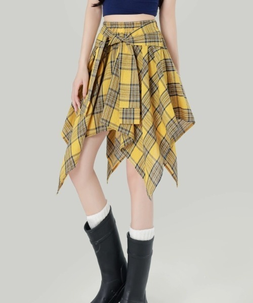 チェック柄 フレアスカート レザー付き プリーツ パンク風 フェイクレイヤード チェック柄 フレアスカート レザー付き プリーツ パンク風