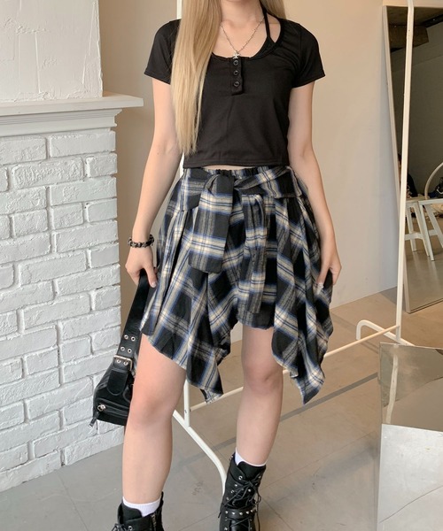 lilful(リルフル)の「【インパン付き】チェック柄 ラップ巻き風ミニスカート レイヤードスカート(スカート・レディース・ネイビー/イエロー/グレー/ブラック・F)」の7枚目の写真