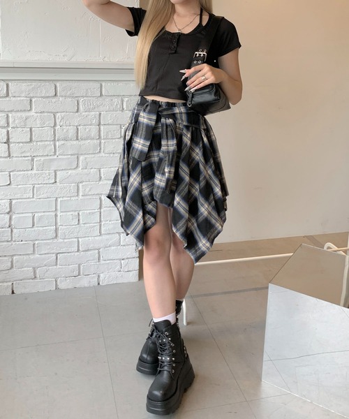 lilful(リルフル)の「【インパン付き】チェック柄 ラップ巻き風ミニスカート レイヤードスカート(スカート・レディース・ネイビー/イエロー/グレー/ブラック・F)」の12枚目の写真