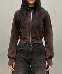 BLR BLUER（ビーエルアールブラー）の「【BLR BLUER】Grunge Punched Washing Hoodie Zip-Up / 【ビーエルアール ブラー】グランジウォッシングクロップドロゴダメージジップアップパーカー（パーカー）」