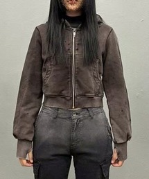 【BLR BLUER】Grunge Punched Washing Hoodie Zip-Up / 【ビーエルアール ブラー】グランジウォッシングクロップドロゴダメージジップアップパーカー