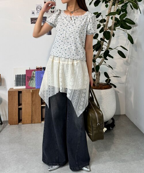 CIAOPANIC(チャオパニック)の「【neutral】小花柄レースリボントップス(Tシャツ/カットソー・レディース・ネイビー/グレー・FREE)」の12枚目の写真