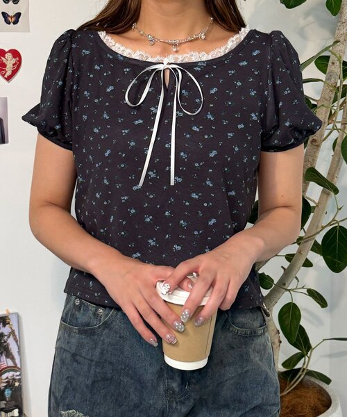 CIAOPANIC(チャオパニック)の「【neutral】小花柄レースリボントップス(Tシャツ/カットソー・レディース・ネイビー/グレー・FREE)」の14枚目の写真