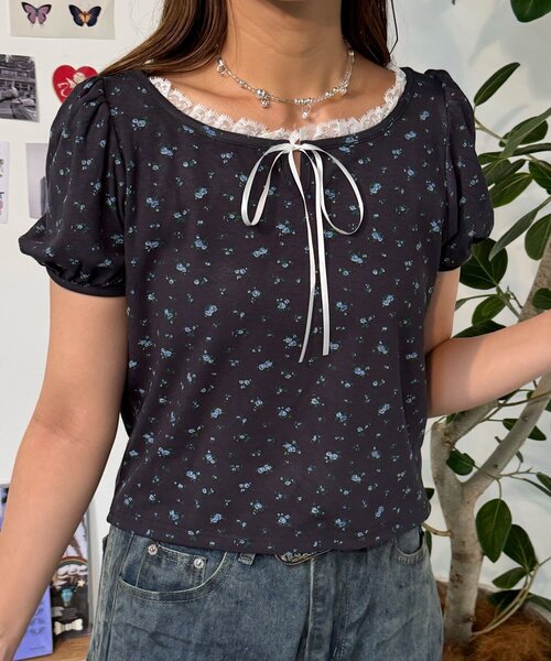 CIAOPANIC(チャオパニック)の「【neutral】小花柄レースリボントップス(Tシャツ/カットソー・レディース・ネイビー/グレー・FREE)」の15枚目の写真
