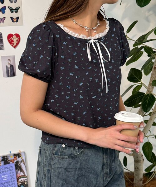 CIAOPANIC(チャオパニック)の「【neutral】小花柄レースリボントップス(Tシャツ/カットソー・レディース・ネイビー/グレー・FREE)」の16枚目の写真