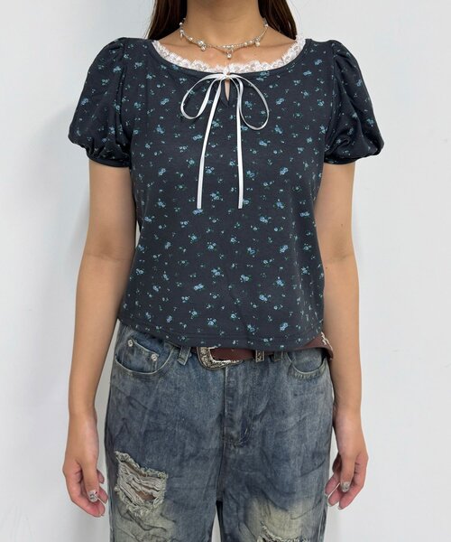 CIAOPANIC(チャオパニック)の「【neutral】小花柄レースリボントップス(Tシャツ/カットソー・レディース・ネイビー/グレー・FREE)」の22枚目の写真