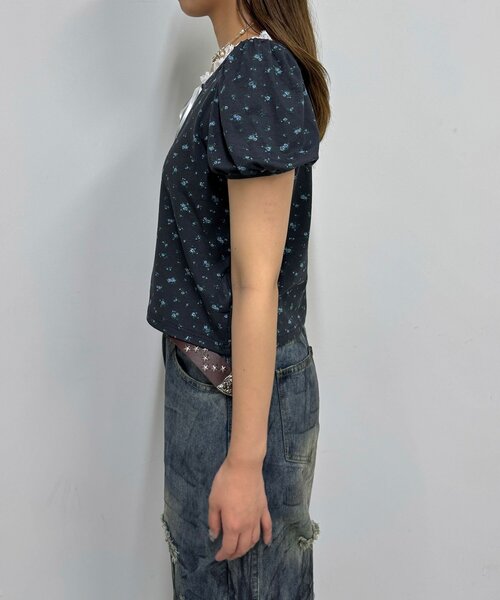 CIAOPANIC(チャオパニック)の「【neutral】小花柄レースリボントップス(Tシャツ/カットソー・レディース・ネイビー/グレー・FREE)」の3枚目の写真