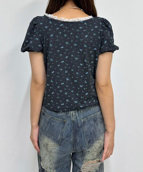 CIAOPANIC(チャオパニック)の「【neutral】小花柄レースリボントップス(Tシャツ/カットソー・レディース・ネイビー/グレー・FREE)」の4枚目の写真