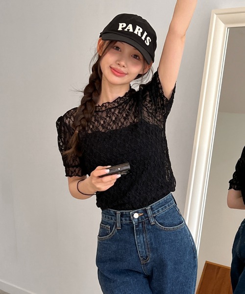 by muni:r(バイ ムニール)の「【着用動画あり・4色展開】シースルーレースフリル半袖ブラウス(Tシャツ/カットソー・レディース・ピンク/ベージュ/アイボリー/ブラック・FREE)」の2枚目の写真