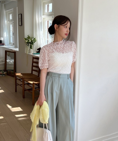 by muni:r(バイ ムニール)の「【着用動画あり・4色展開】シースルーレースフリル半袖ブラウス(Tシャツ/カットソー・レディース・ピンク/ベージュ/アイボリー/ブラック・FREE)」の10枚目の写真