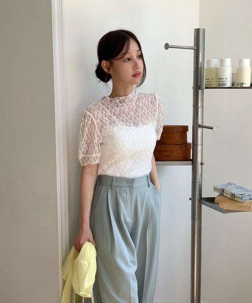 by muni:r(バイ ムニール)の「【着用動画あり・4色展開】シースルーレースフリル半袖ブラウス(Tシャツ/カットソー・レディース・ピンク/ベージュ/アイボリー/ブラック・FREE)」の11枚目の写真