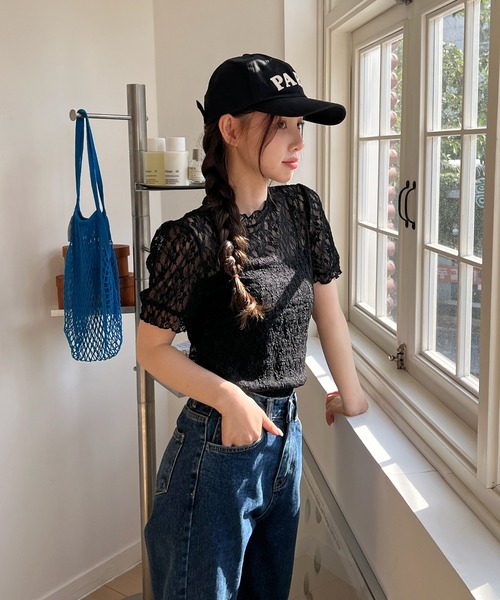 by muni:r(バイ ムニール)の「【着用動画あり・4色展開】シースルーレースフリル半袖ブラウス(Tシャツ/カットソー・レディース・ピンク/ベージュ/アイボリー/ブラック・FREE)」の12枚目の写真