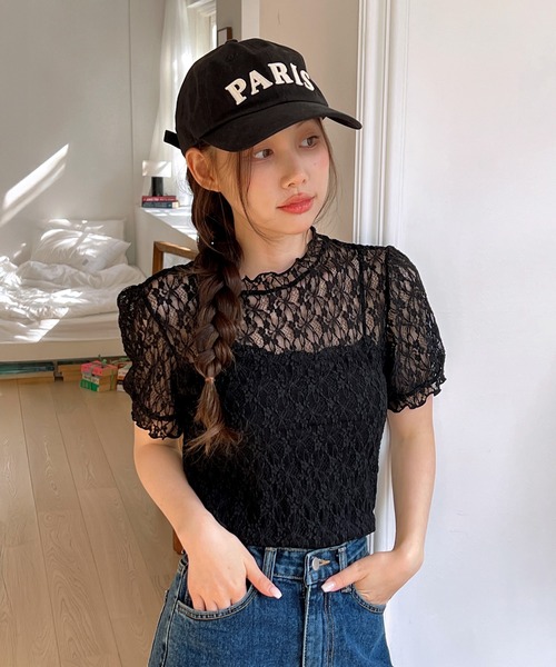 by muni:r(バイ ムニール)の「【着用動画あり・4色展開】シースルーレースフリル半袖ブラウス(Tシャツ/カットソー・レディース・ピンク/ベージュ/アイボリー/ブラック・FREE)」の13枚目の写真