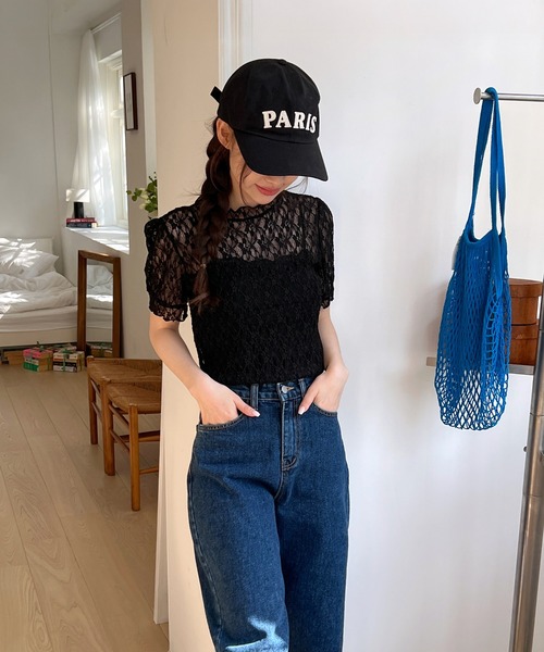 by muni:r(バイ ムニール)の「【着用動画あり・4色展開】シースルーレースフリル半袖ブラウス(Tシャツ/カットソー・レディース・ピンク/ベージュ/アイボリー/ブラック・FREE)」の15枚目の写真