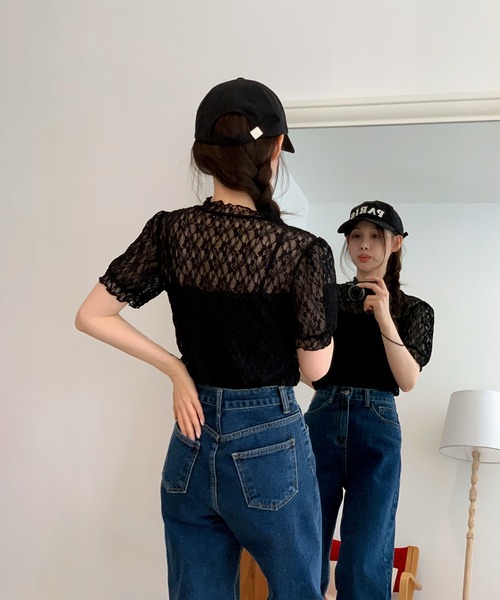 by muni:r(バイ ムニール)の「【着用動画あり・4色展開】シースルーレースフリル半袖ブラウス(Tシャツ/カットソー・レディース・ピンク/ベージュ/アイボリー/ブラック・FREE)」の17枚目の写真
