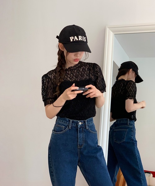 by muni:r(バイ ムニール)の「【着用動画あり・4色展開】シースルーレースフリル半袖ブラウス(Tシャツ/カットソー・レディース・ピンク/ベージュ/アイボリー/ブラック・FREE)」の18枚目の写真