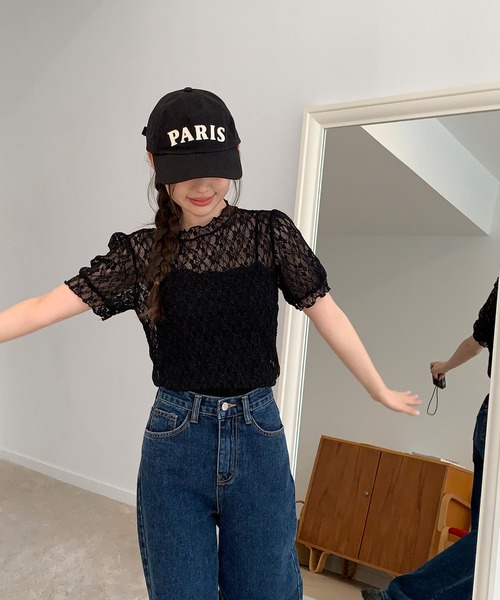 by muni:r(バイ ムニール)の「【着用動画あり・4色展開】シースルーレースフリル半袖ブラウス(Tシャツ/カットソー・レディース・ピンク/ベージュ/アイボリー/ブラック・FREE)」の19枚目の写真