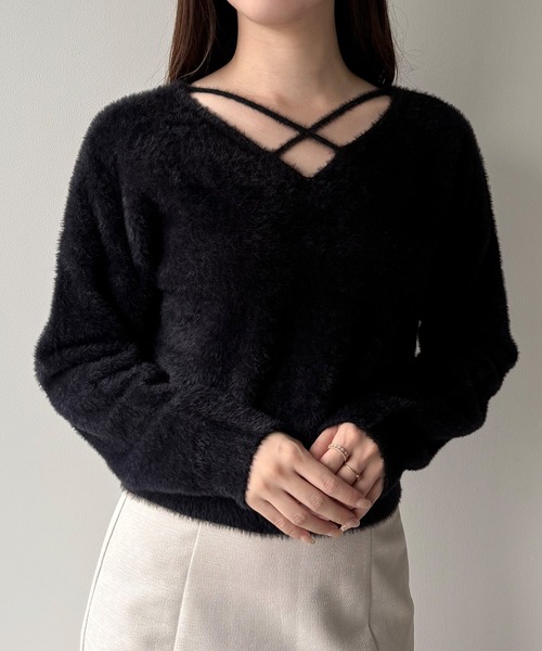 mipiarl（ミピアール）の「クロスシャギーコンパクトニット（ニット/セーター・レディース・ブラック/アイボリー/チャコール・MEDIUM/LARGE）」の16枚目の写真