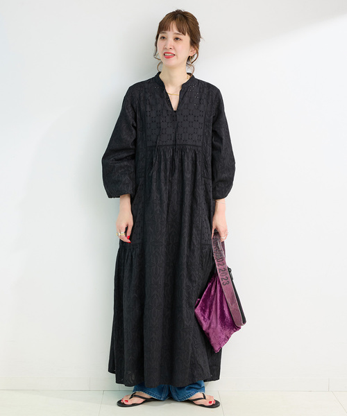 Simplicite（サンプリシテ）の「手洗い可 / ジャカードシフリーL/Sワンピース（ワンピース・レディース・ブラック/オレンジ・FREE）」の3枚目の写真