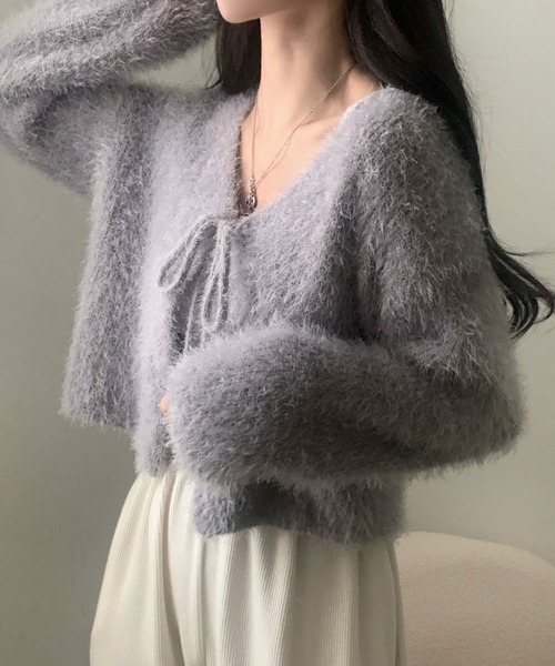 yuue' ( wear )（ユーイ）の「フロントリボンシャギーカーディガン（カーディガン/ボレロ・レディース・ピンク/ホワイト/グレー・FREE）」の3枚目の写真