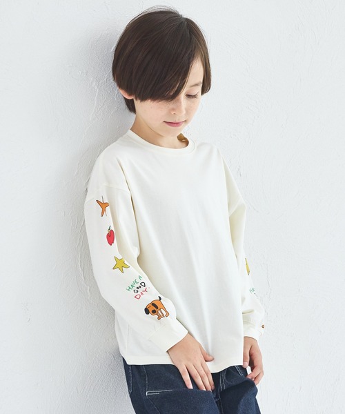 pairmanon（ペアマノン）の「【綿100%】ユニセックス ルーズシルエット 袖プリントTシャツ（Tシャツ/カットソー・キッズ・ベージュ/ブラウン/ホワイト/ネイビー・100/120/110/90/150/140/130）」の5枚目の写真