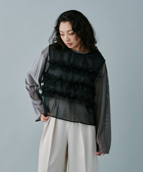 terrace(テラス)の「チュールフリルオーガンジートップス(シャツ/ブラウス・レディース・ブラック/グレイッシュベージュ/カーキオリーブ・MEDIUM)」の10枚目の写真