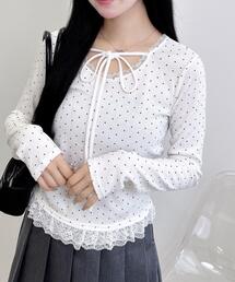 【WEB限定】レース出しリボン付ドットリブトップス