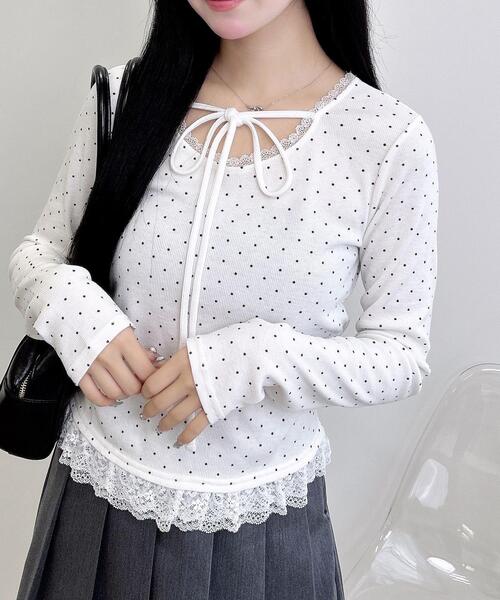INGNI（イング）の「【WEB限定】レース出しリボン付ドットリブトップス（Tシャツ/カットソー・レディース・ブラック×ホワイト/ホワイト×ブラック・M）」の2枚目の写真