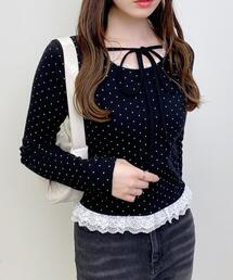INGNI | 【WEB限定】レース出しリボン付ドットリブトップス(Tシャツ/カットソー)