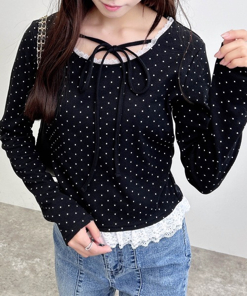 INGNI（イング）の「【WEB限定】レース出しリボン付ドットリブトップス（Tシャツ/カットソー・レディース・ブラック×ホワイト/ホワイト×ブラック・M）」の12枚目の写真