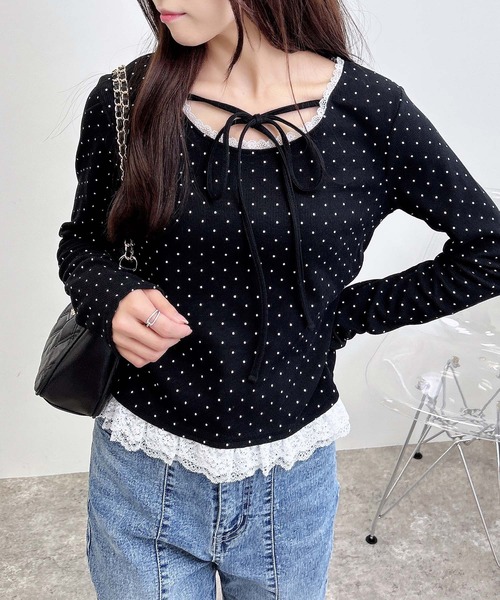 INGNI（イング）の「【WEB限定】レース出しリボン付ドットリブトップス（Tシャツ/カットソー・レディース・ブラック×ホワイト/ホワイト×ブラック・M）」の13枚目の写真