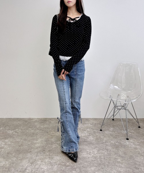 INGNI（イング）の「【WEB限定】レース出しリボン付ドットリブトップス（Tシャツ/カットソー・レディース・ブラック×ホワイト/ホワイト×ブラック・M）」の10枚目の写真