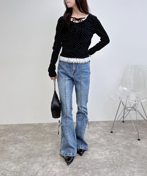 INGNI（イング）の「【WEB限定】レース出しリボン付ドットリブトップス（Tシャツ/カットソー・レディース・ブラック×ホワイト/ホワイト×ブラック・M）」の6枚目の写真