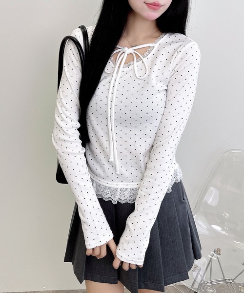 INGNI（イング）の「【WEB限定】レース出しリボン付ドットリブトップス（Tシャツ/カットソー・レディース・ブラック×ホワイト/ホワイト×ブラック・M）」の9枚目の写真