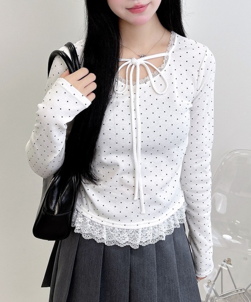 INGNI（イング）の「【WEB限定】レース出しリボン付ドットリブトップス（Tシャツ/カットソー・レディース・ブラック×ホワイト/ホワイト×ブラック・M）」の3枚目の写真