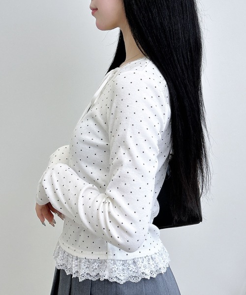 INGNI（イング）の「【WEB限定】レース出しリボン付ドットリブトップス（Tシャツ/カットソー・レディース・ブラック×ホワイト/ホワイト×ブラック・M）」の8枚目の写真