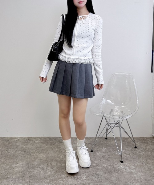 INGNI（イング）の「【WEB限定】レース出しリボン付ドットリブトップス（Tシャツ/カットソー・レディース・ブラック×ホワイト/ホワイト×ブラック・M）」の14枚目の写真