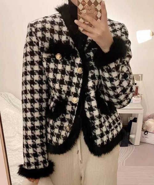 セール】中綿ツイードジャケット ボアジャケット 千鳥格子コート