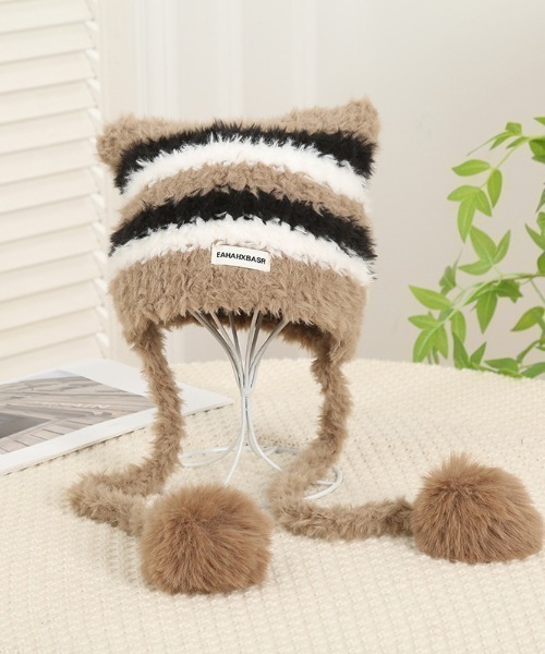 TONE SELECT GOODS（トーンセレクトグッズ）の「【urge select】《アニマルシリーズ》ねこ耳 ボーダー ふわふわ シャギーニット帽  (ポンポン付き）（ニットキャップ/ビーニー・レディース・ブラウン系/ベージュ系/ピンク系/ブラック系・FREE）」の3枚目の写真