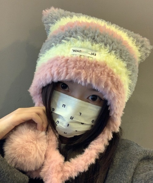 TONE SELECT GOODS（トーンセレクトグッズ）の「【urge select】《アニマルシリーズ》ねこ耳 ボーダー ふわふわ シャギーニット帽  (ポンポン付き）（ニットキャップ/ビーニー・レディース・ブラウン系/ベージュ系/ピンク系/ブラック系・FREE）」の6枚目の写真