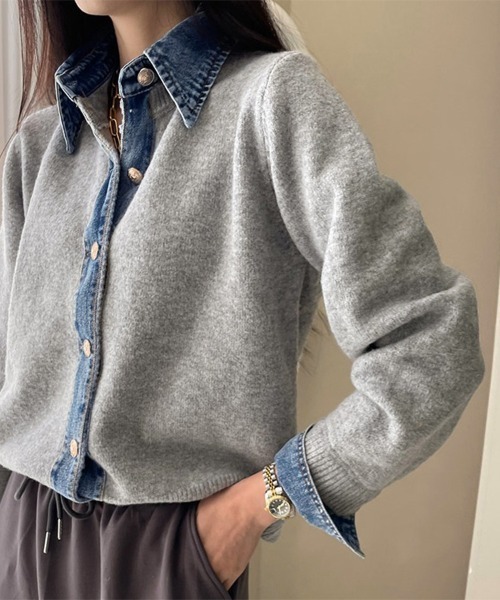 セール】デニム襟異素材ミックスニットトップス（ニット/セーター