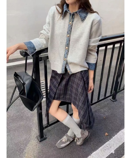 セール】デニム襟異素材ミックスニットトップス（ニット/セーター