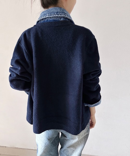 セール】デニム襟異素材ミックスニットトップス（ニット/セーター