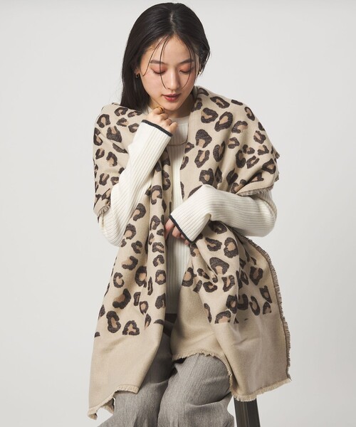 green label relaxing（グリーンレーベルリラクシング）の「レオパード ジャガード ストール（ストール/ショール・レディース・ブラック/ベージュ・FREE）」の3枚目の写真