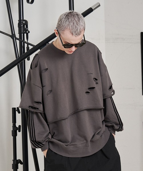 SeeSew LAYERD DAMAGE SWEAT ブラック L 未使用 UNISEX】LAYERD DAMAGE SWEAT/レイヤードダメージスウェット