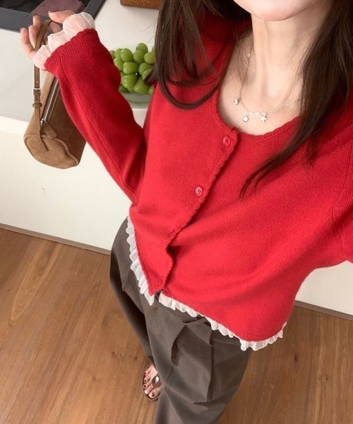 【新品】plage ショールカラーショートカーディガン リブニット 赤 新品】plage ショールカラーショートカーディガン リブニット 赤 着