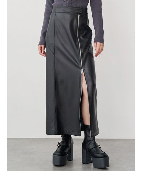 MURUA(ムルーア)の「ZIPスリットフェイクレザーナロースカート(スカート・レディース・ブラック/アイボリー/キャメル・2/1)」の1枚目の写真